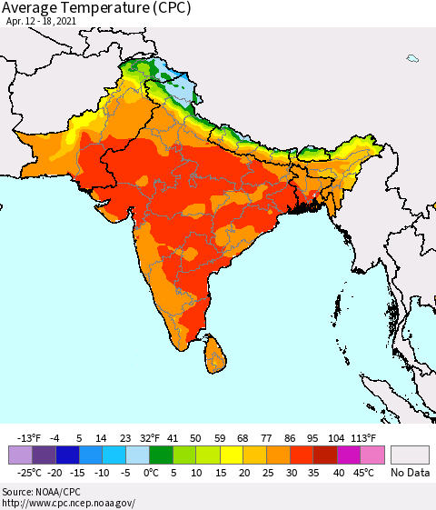Southern Asia Average Temperature (CPC) Thematic Map For 4/12/2021 - 4/18/2021