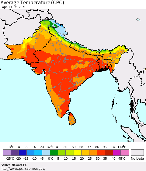 Southern Asia Average Temperature (CPC) Thematic Map For 4/19/2021 - 4/25/2021