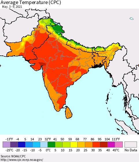 Southern Asia Average Temperature (CPC) Thematic Map For 5/3/2021 - 5/9/2021