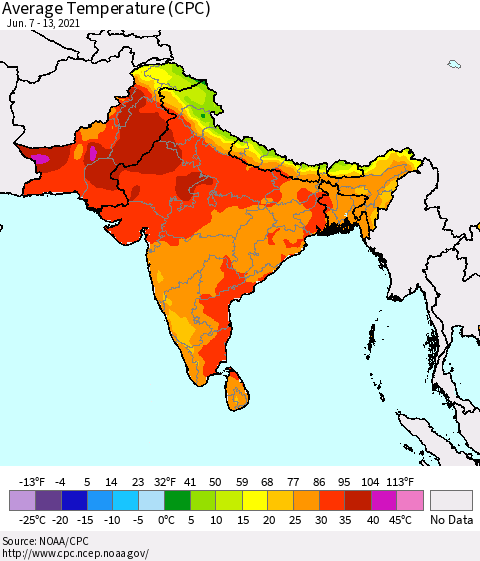 Southern Asia Average Temperature (CPC) Thematic Map For 6/7/2021 - 6/13/2021