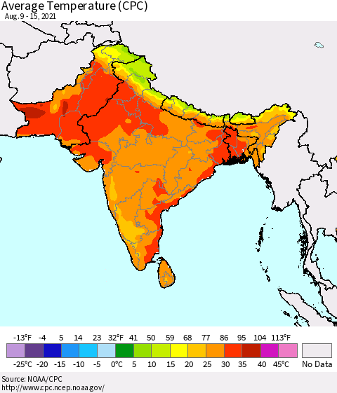 Southern Asia Average Temperature (CPC) Thematic Map For 8/9/2021 - 8/15/2021