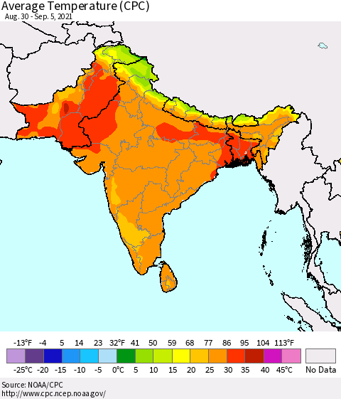 Southern Asia Average Temperature (CPC) Thematic Map For 8/30/2021 - 9/5/2021