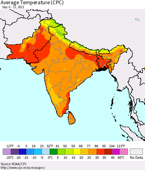 Southern Asia Average Temperature (CPC) Thematic Map For 9/6/2021 - 9/12/2021