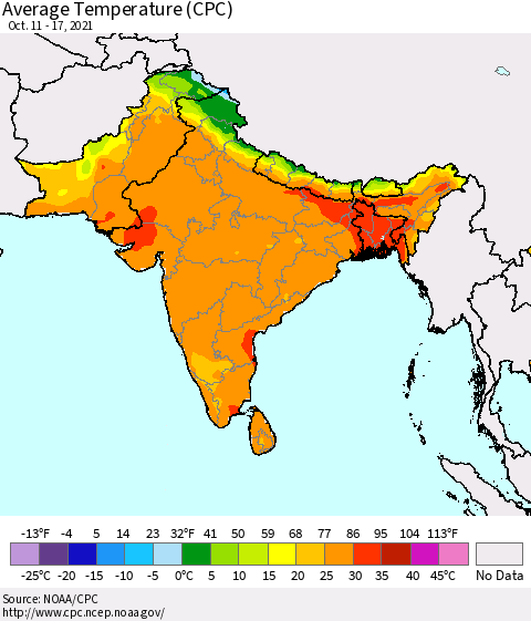 Southern Asia Average Temperature (CPC) Thematic Map For 10/11/2021 - 10/17/2021