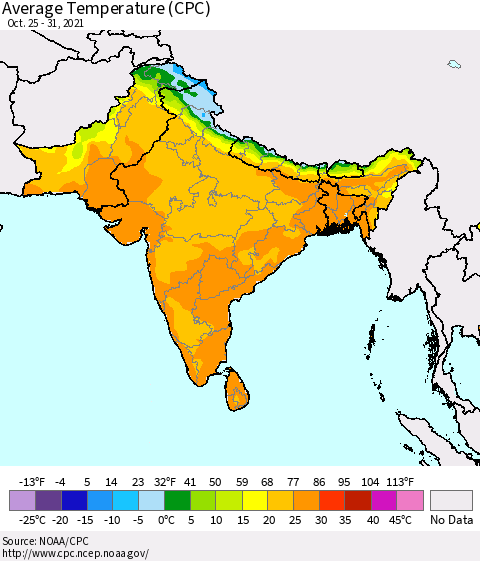 Southern Asia Average Temperature (CPC) Thematic Map For 10/25/2021 - 10/31/2021