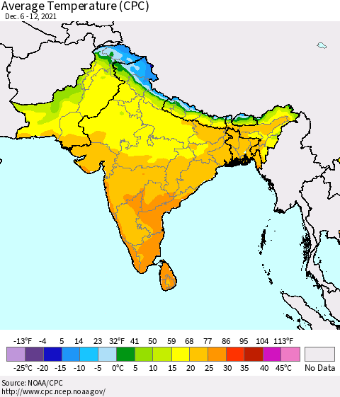 Southern Asia Average Temperature (CPC) Thematic Map For 12/6/2021 - 12/12/2021