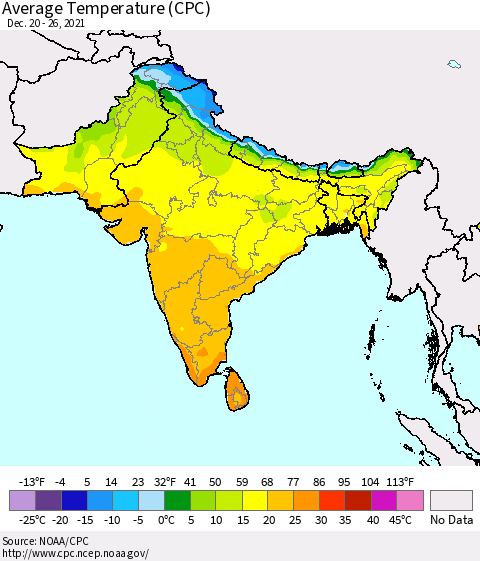 Southern Asia Average Temperature (CPC) Thematic Map For 12/20/2021 - 12/26/2021