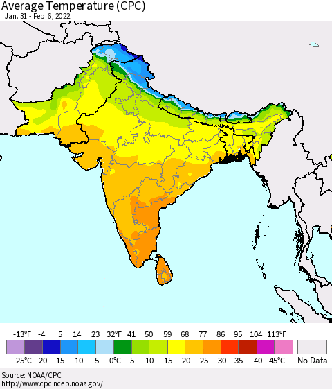 Southern Asia Average Temperature (CPC) Thematic Map For 1/31/2022 - 2/6/2022