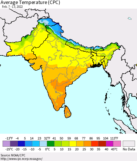 Southern Asia Average Temperature (CPC) Thematic Map For 2/7/2022 - 2/13/2022