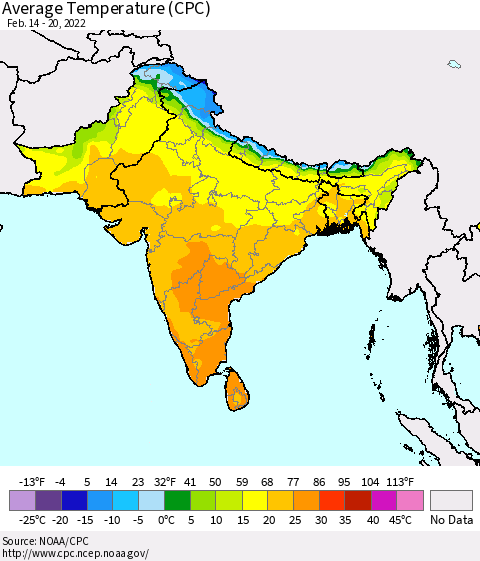 Southern Asia Average Temperature (CPC) Thematic Map For 2/14/2022 - 2/20/2022