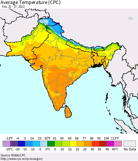 Southern Asia Average Temperature (CPC) Thematic Map For 2/21/2022 - 2/27/2022
