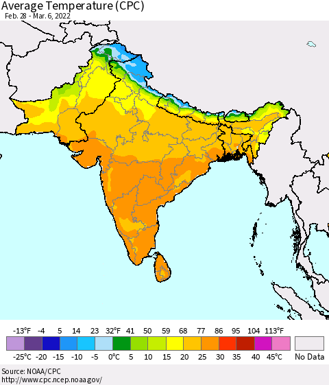 Southern Asia Average Temperature (CPC) Thematic Map For 2/28/2022 - 3/6/2022