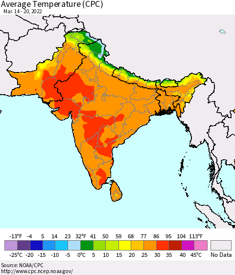 Southern Asia Average Temperature (CPC) Thematic Map For 3/14/2022 - 3/20/2022