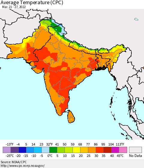 Southern Asia Average Temperature (CPC) Thematic Map For 3/21/2022 - 3/27/2022