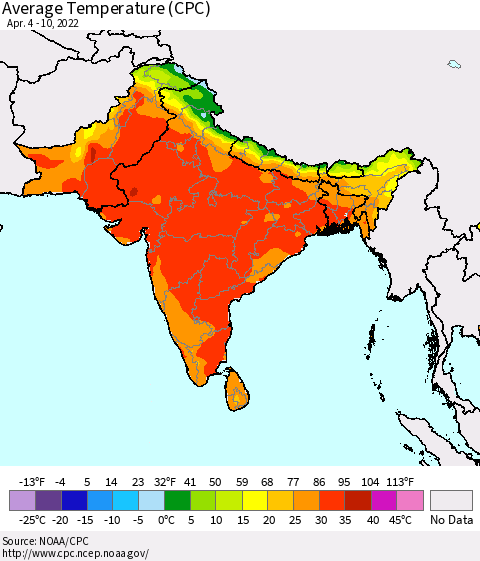 Southern Asia Average Temperature (CPC) Thematic Map For 4/4/2022 - 4/10/2022