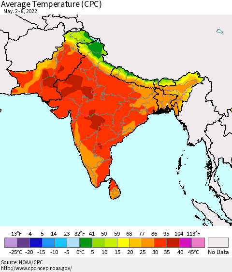 Southern Asia Average Temperature (CPC) Thematic Map For 5/2/2022 - 5/8/2022