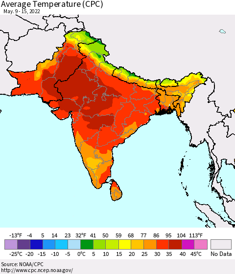Southern Asia Average Temperature (CPC) Thematic Map For 5/9/2022 - 5/15/2022