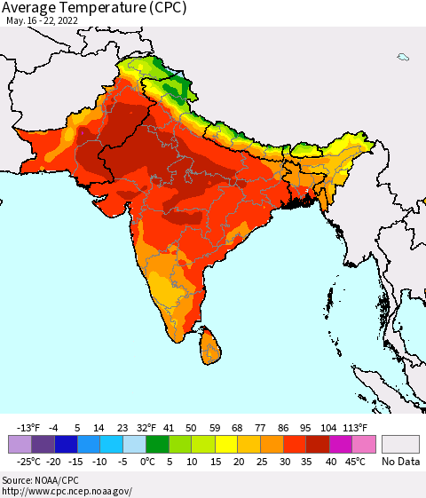Southern Asia Average Temperature (CPC) Thematic Map For 5/16/2022 - 5/22/2022