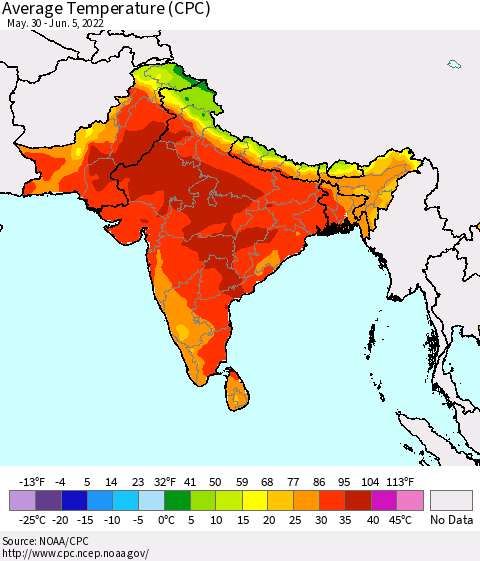 Southern Asia Average Temperature (CPC) Thematic Map For 5/30/2022 - 6/5/2022
