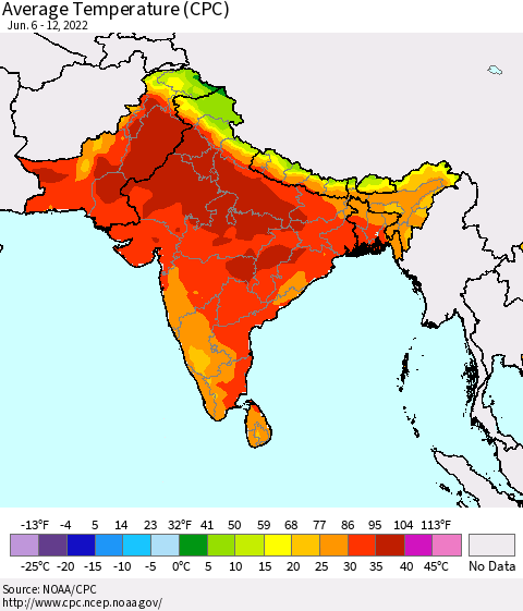 Southern Asia Average Temperature (CPC) Thematic Map For 6/6/2022 - 6/12/2022