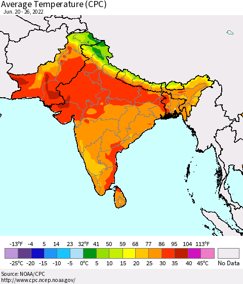 Southern Asia Average Temperature (CPC) Thematic Map For 6/20/2022 - 6/26/2022