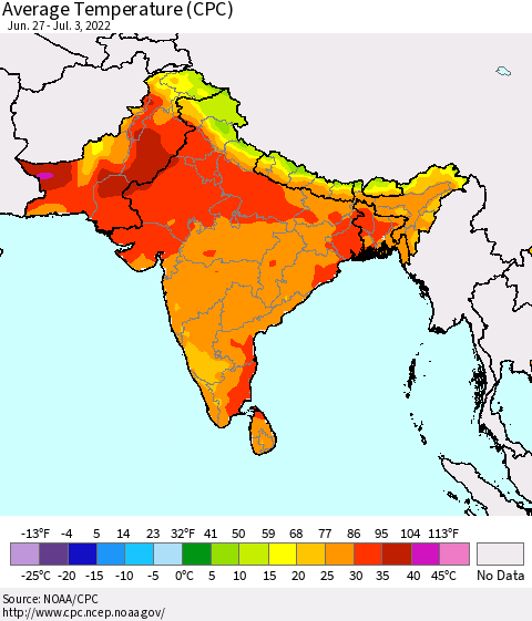 Southern Asia Average Temperature (CPC) Thematic Map For 6/27/2022 - 7/3/2022