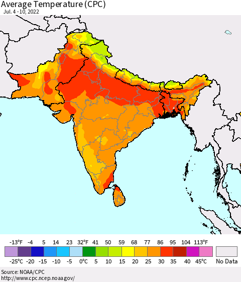Southern Asia Average Temperature (CPC) Thematic Map For 7/4/2022 - 7/10/2022
