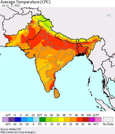 Southern Asia Average Temperature (CPC) Thematic Map For 7/11/2022 - 7/17/2022