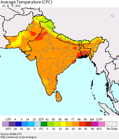 Southern Asia Average Temperature (CPC) Thematic Map For 7/25/2022 - 7/31/2022