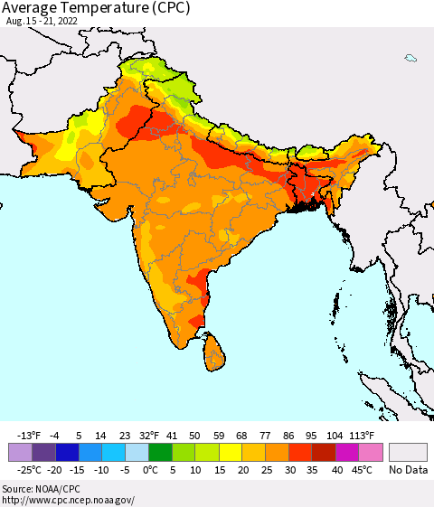 Southern Asia Average Temperature (CPC) Thematic Map For 8/15/2022 - 8/21/2022