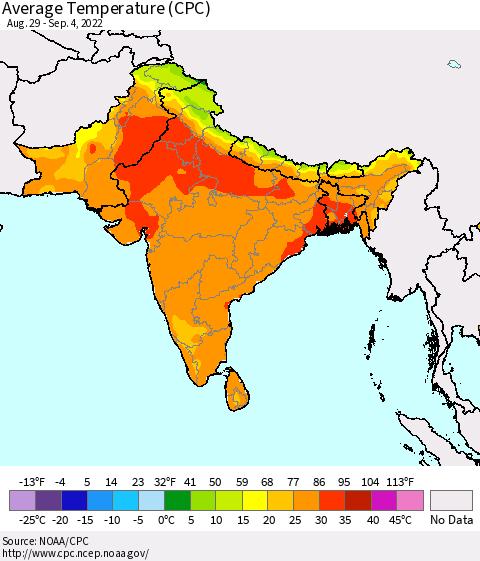 Southern Asia Average Temperature (CPC) Thematic Map For 8/29/2022 - 9/4/2022