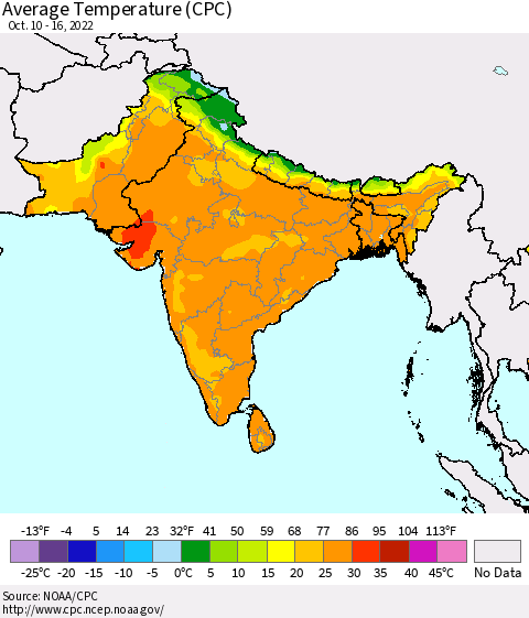 Southern Asia Average Temperature (CPC) Thematic Map For 10/10/2022 - 10/16/2022