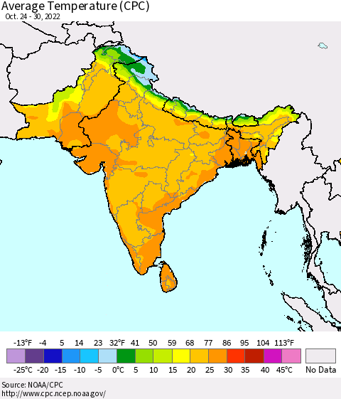 Southern Asia Average Temperature (CPC) Thematic Map For 10/24/2022 - 10/30/2022