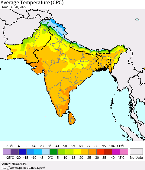 Southern Asia Average Temperature (CPC) Thematic Map For 11/14/2022 - 11/20/2022