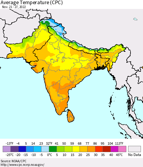 Southern Asia Average Temperature (CPC) Thematic Map For 11/21/2022 - 11/27/2022