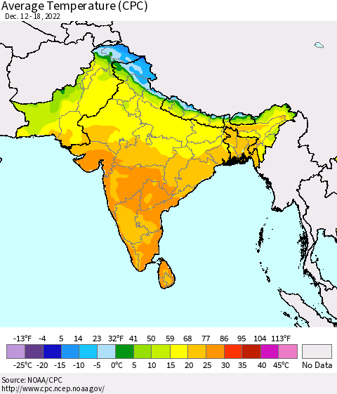 Southern Asia Average Temperature (CPC) Thematic Map For 12/12/2022 - 12/18/2022