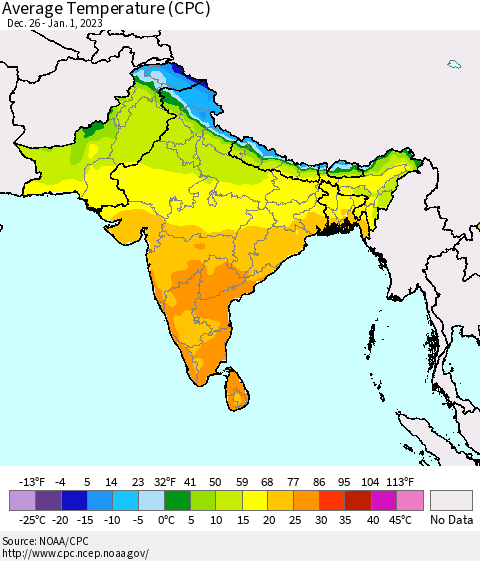 Southern Asia Average Temperature (CPC) Thematic Map For 12/26/2022 - 1/1/2023