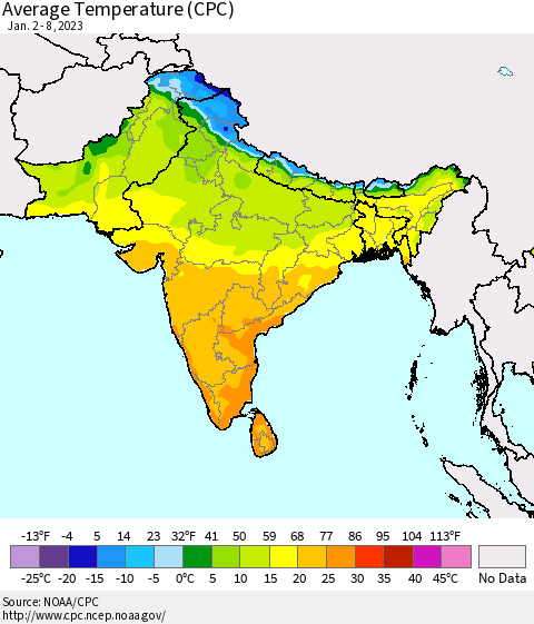 Southern Asia Average Temperature (CPC) Thematic Map For 1/2/2023 - 1/8/2023