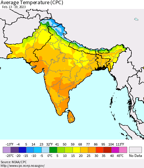 Southern Asia Average Temperature (CPC) Thematic Map For 2/13/2023 - 2/19/2023