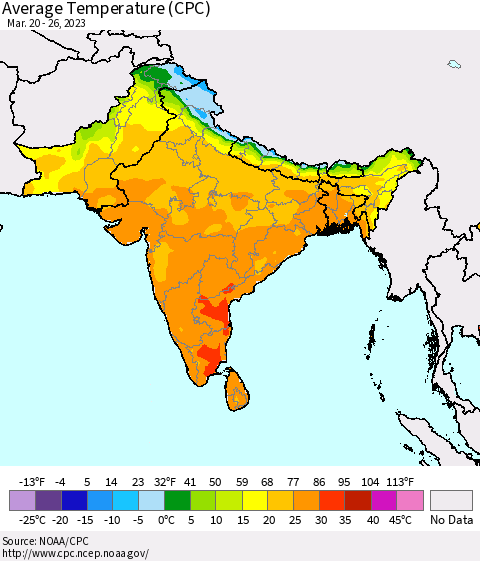 Southern Asia Average Temperature (CPC) Thematic Map For 3/20/2023 - 3/26/2023