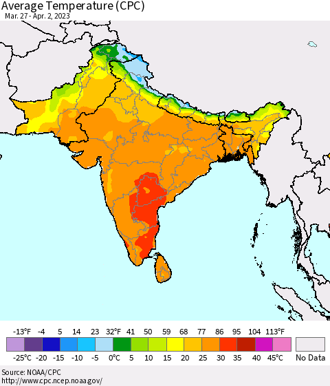 Southern Asia Average Temperature (CPC) Thematic Map For 3/27/2023 - 4/2/2023