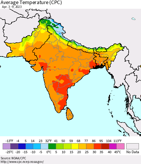 Southern Asia Average Temperature (CPC) Thematic Map For 4/3/2023 - 4/9/2023