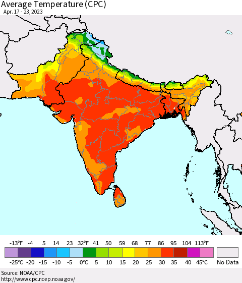 Southern Asia Average Temperature (CPC) Thematic Map For 4/17/2023 - 4/23/2023