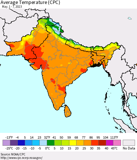 Southern Asia Average Temperature (CPC) Thematic Map For 5/1/2023 - 5/7/2023