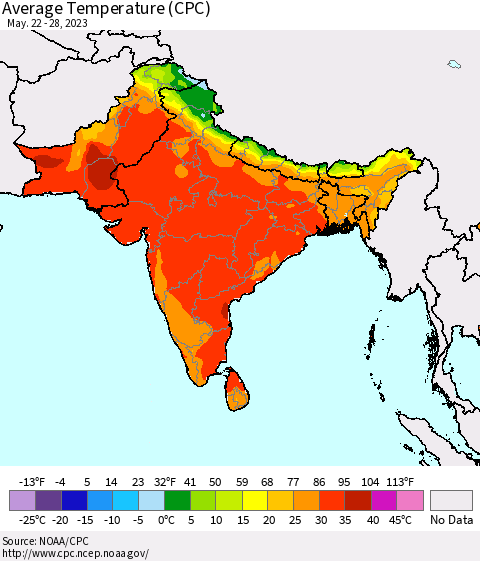 Southern Asia Average Temperature (CPC) Thematic Map For 5/22/2023 - 5/28/2023