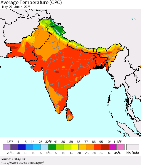 Southern Asia Average Temperature (CPC) Thematic Map For 5/29/2023 - 6/4/2023