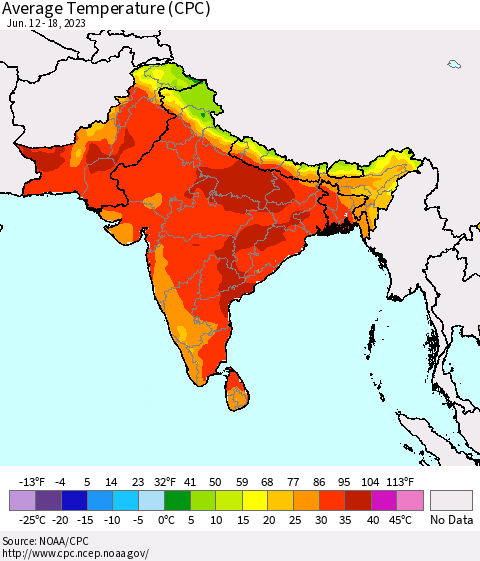 Southern Asia Average Temperature (CPC) Thematic Map For 6/12/2023 - 6/18/2023