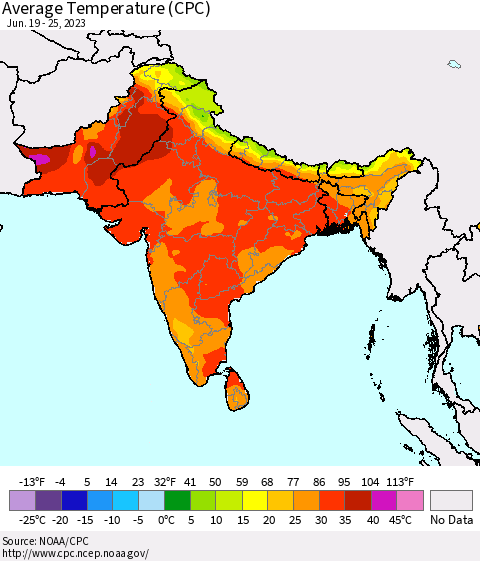 Southern Asia Average Temperature (CPC) Thematic Map For 6/19/2023 - 6/25/2023