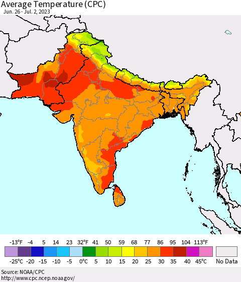 Southern Asia Average Temperature (CPC) Thematic Map For 6/26/2023 - 7/2/2023