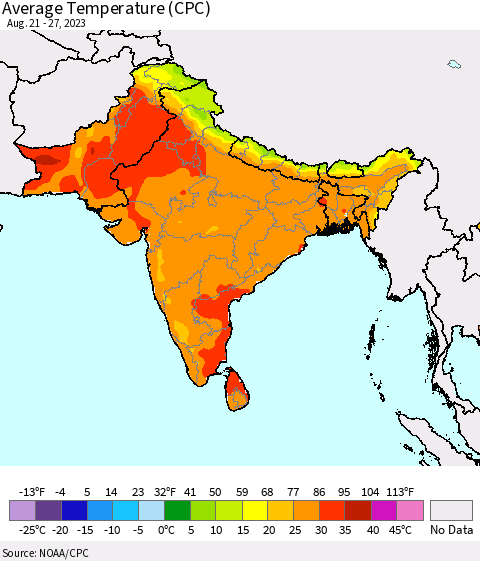 Southern Asia Average Temperature (CPC) Thematic Map For 8/21/2023 - 8/27/2023